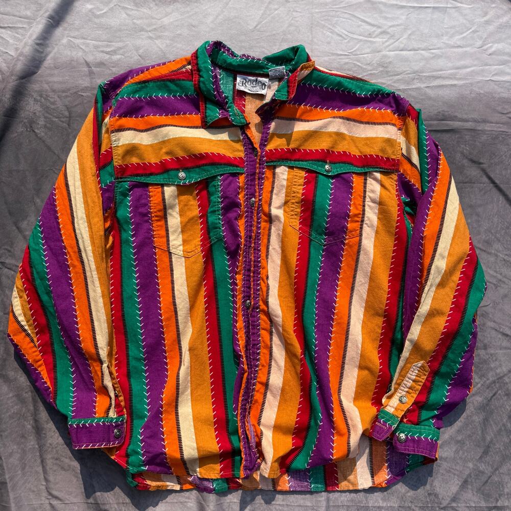 Vintage 90's Rodeo Western Wear Orange Green Roper Button Up Shirt Sz Large VTG